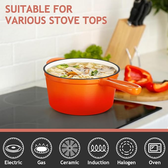 TeamFar 2QT Enameled Cast Iron Sauce Pan, Small Sauce Pot Saucepan with Lid, Mini Dutch Oven for Cooking/Baking/Simmering/Boiling, Sturdy & Nonstick, Oven Safe & Fit for Induction- Orange