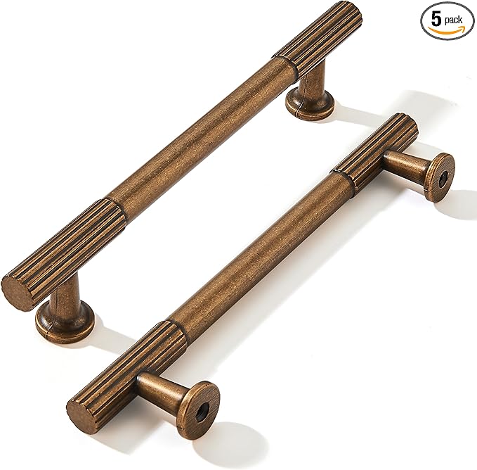 khtumeware 5 Inch Hole Center 5 Pack Antique Brass Heavy Duty Solid Vintage Brass Cabinet Pulls, Kitchen Drawer Handles, for Dresser cabinets, cabinets, Door cabinets, Hardware