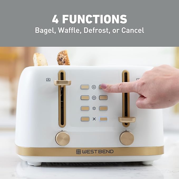 West Bend Timeless 4-Slice Toaster with 7 Browning Levels, Bagel/Waffle/Defrost Settings, High-Lift Lever, Anti-Jam, Easy-Clean Crumb Tray, 4-Slice, White/Gold
