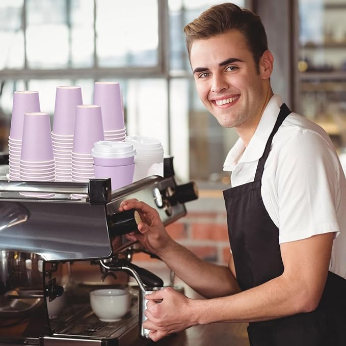Patelai 48 Pcs 12 oz Disposable Coffee Cups with Lids and Sleeves Bulk, Insulated Hot Chocolate Paper Cup for Hot and Cold Beverage Water Juice Cocoa Party Restaurants Supplies (Macaron Purple)