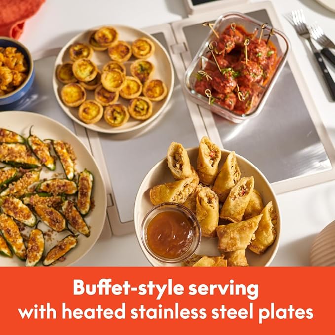 bella Fold & Store Warming Tray, Fits-anywhere Kitchenware, Touchscreen Controls w Adjustable Temperature & Timer, 24.8” to 8.3” wide, Auto Shutoff & Stainless Steel Warming Pads, 300 Watt, Oatmilk