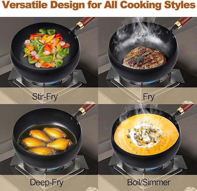 Suntuup Japanese Iron Pan, 9.45 Inch Hand-Forged Uncoated Irons Pan with Wooden Lid, Non-Stick Without Coating, Rust-Free Durable Thick Iron Pot for Gas, Electric Cookers, Induction