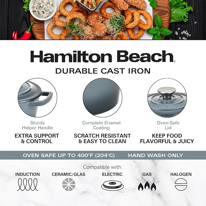 Hamilton Beach Enameled Cast Iron Sauce Pan 2-Quart Slate, Cream Enamel coating, Pot For Stove top and Oven Cooking, Even Heat Distribution, Safe Up to 400 Degrees, Durable