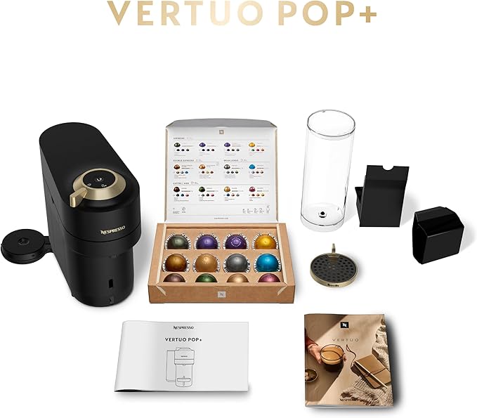 Nespresso Festive Vertuo Pop+ Coffee and Espresso Maker by Breville, Matte Black Gold, 37.2 Fl Oz capacity