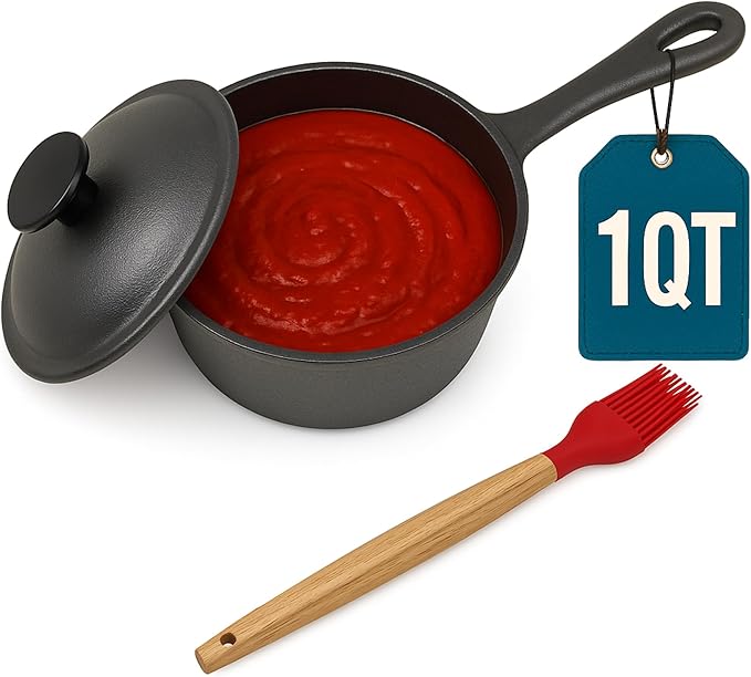 1 QT Cast Iron Sauce Pot with Lid & Wood Brush for Basting, Melting, Simmering Sauce, Butter & Cheese - Built for Cooking, Grilling & Camping - 932°F Max Even Heat Distribution - Professional Grade