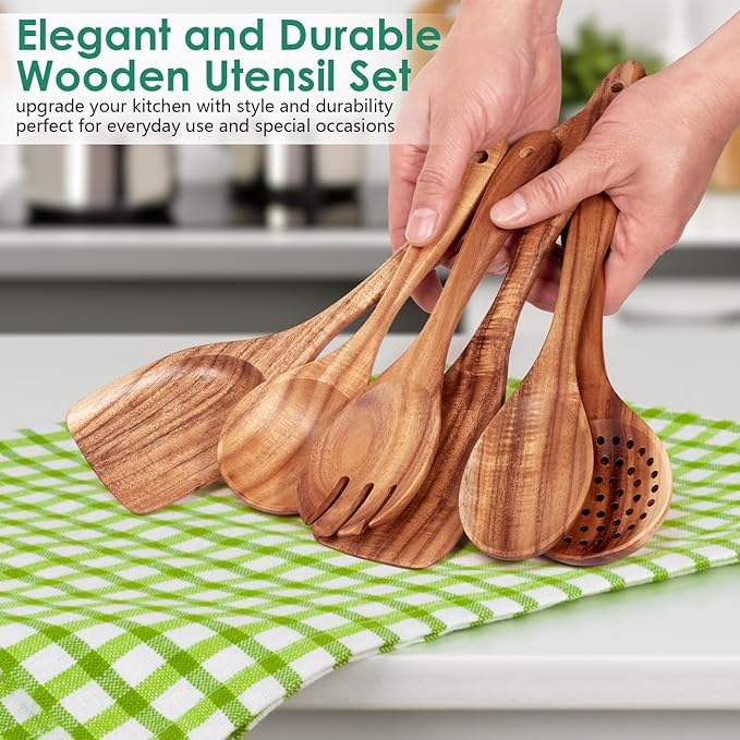 Wooden Spoons for Cooking, Teak Wood Kitchen Utensil Set, Premium Handmade Wooden Utensils for Nonstick Cookware, Heat Resistant, Smooth Finish, Comfortable Grip, 6 Piece