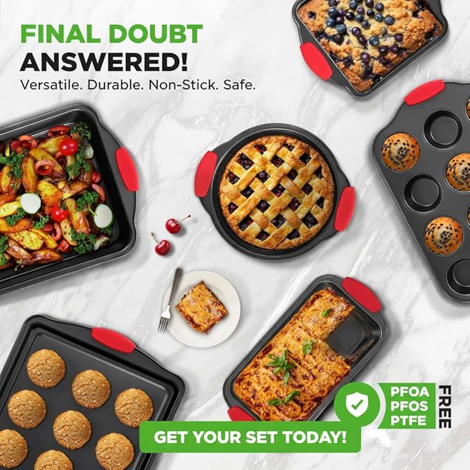 NutriChef Baking Set - 6 Piece Bakeware with Nonstick Carbon Steel for Easy Release and Cleanup, Durable and Versatile Design, Includes Cookie Sheet, Loaf Pan, Muffin Tin & More