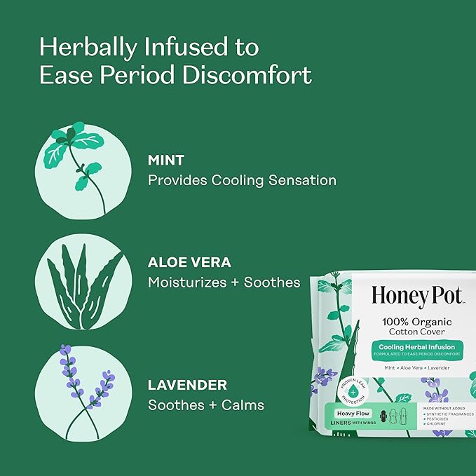 The Honey Pot Company - Herbal Panty Liners for Women - Heavy Flow w/Wings - Infused w/Essential Oils for Cooling Effect & Organic Cotton Cover - Feminine Care - 20 ct