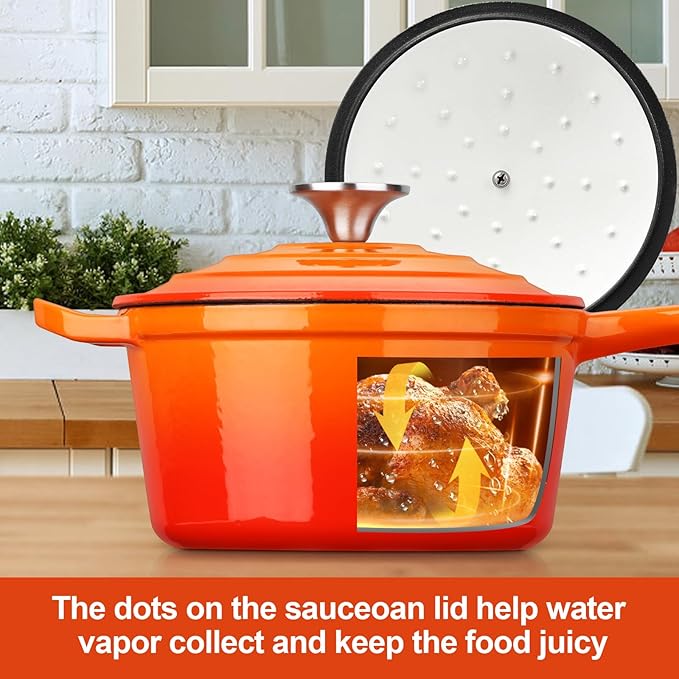 HaSteeL 2 QT Cast Iron Saucepan, Mini Enamel Dutch Oven with Lid, Small Non Stick Pan for Milk, Pasta Tomato Sauce, Butter, Breakfast, Soup, Suitable for Boiling Stewing Frying, Easy to Clean, Orange