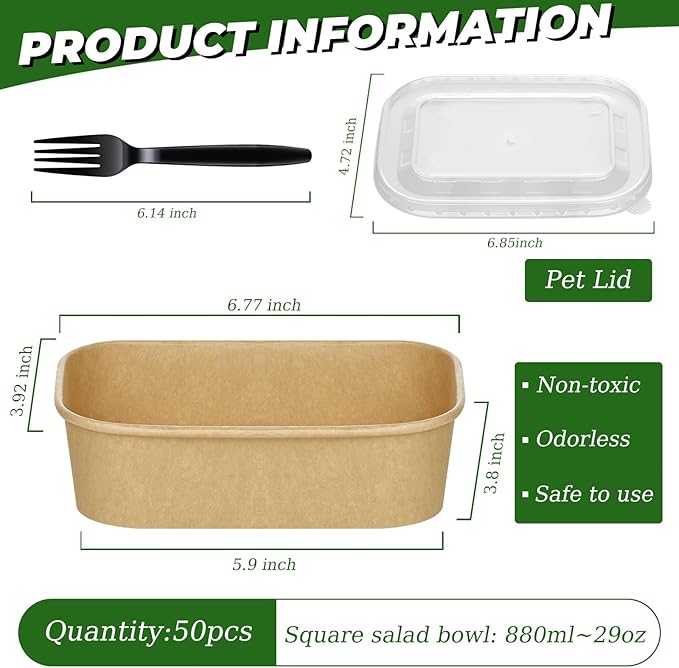 DI QIU REN 50-Pack 29oz Disposable Kraft Paper Bowls【with Lids and Forks】,Meal Prep Containers Disposable To go Food Containers Christmas Take Out Containers, Microwave Safe for Hot/Cold Food