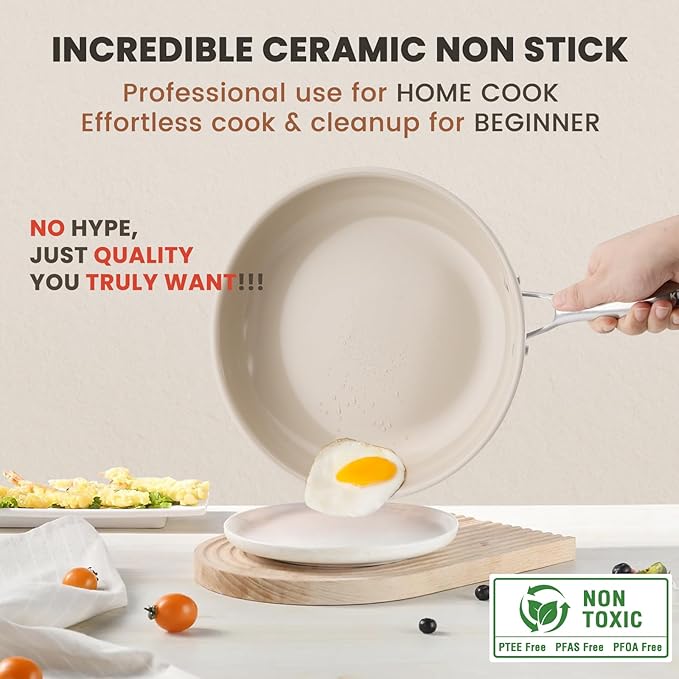 Kikcoin Non Stick Ceramic Frying Pans Skillet, 9.5-inch Healthy Non Toxic Cookware Egg Cooking Pan with Stay Cool Handle, PFAS & PTFE & PFOA Free, Dishwasher & Oven Safe