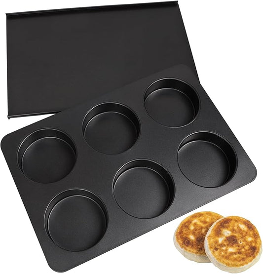 6 Cup Straight Side Jumbo English Muffin Cupcake Pan with Lid, Nonstick Hamburger Burger Bun Mold Muffin Pan for Baking Egg Sandwich Frittata Cinnamon Roll Focaccia Quiche Pancake