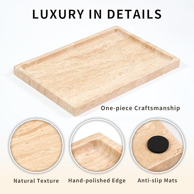 Large Travertine Marble Tray - Square Decorative Stone Vanity Perfume Plates for Bathroom Accessories Coffee Table Bar, Dresser Dish for Kitchen Countertop (11.8" x 7.9" x 0.8")