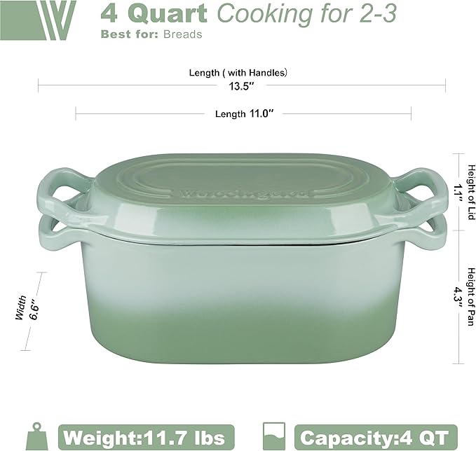 Oval Dutch Oven Pot with Lid, Enamel Coating Cast Iron Bread Pans for Homemade Sourdough Bread Baking, Cooking, 4 Quart, Green