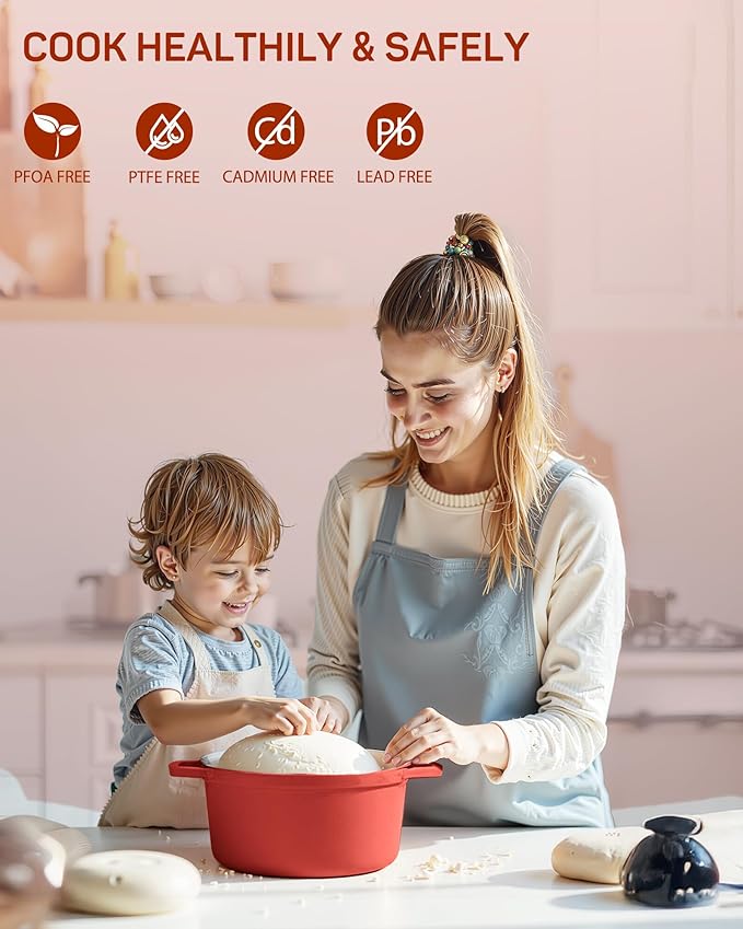 Enameled Cast Iron Dutch Oven – 4.4 Quart Pot with Lid & Potholders – Heavy-Duty Cookware for Bread Baking, Braising, Stews & Roasting – Oven & Stovetop Safe up to 500°F – Red
