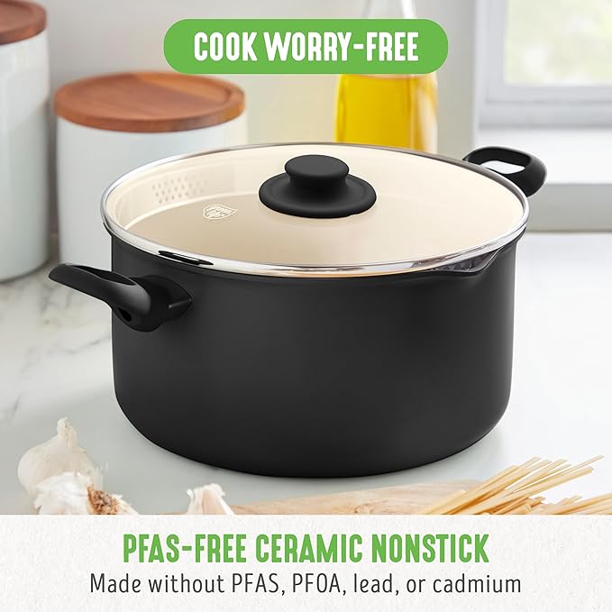 GreenLife 6QT Ceramic Nonstick Stockpot with Glass Straining Lid, PFAS-Free, Dishwasher Safe, Stay-Cool Handles, Oven Safe to 350°F, Wobble-Free Base, Even Heating, Black