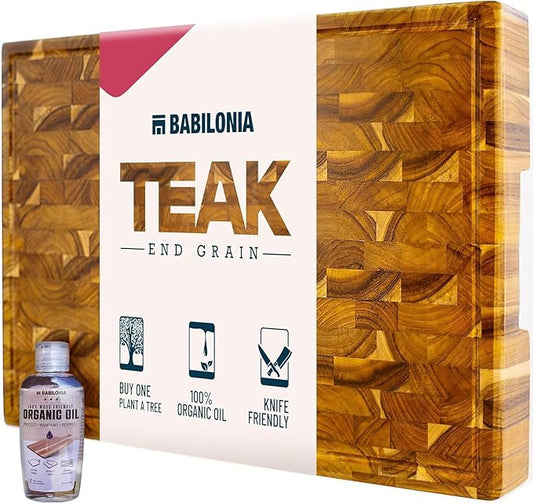 Teak Cutting Board - 15.7 x 10.2 Inch (ExtraThick 1.7") Premium Quality Butcher Block for Meat, Cheese, Charcuterie Board. Heavy Duty End Grain Wood Chopping Board with Handle (Oil & Plate Included)