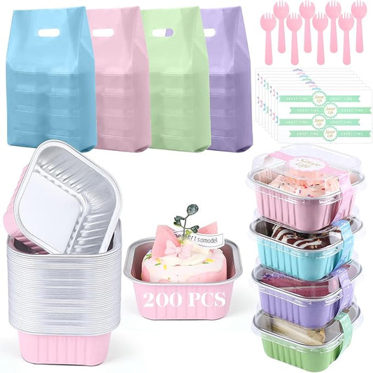 848 Pack Macaron Mini Cake Pans Set with Lids and Spoons Include 200 Macaron 5oz Disposable Aluminum Foil Baking Pans 200 Lids 200 Spoons 200 Sealing Stickers 48 Gift Bags for Dessert