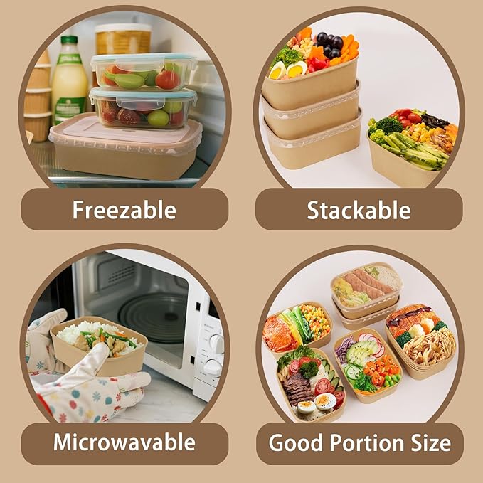 50 Pack 25 oz Paper Food Containers with Lids, Meal Prep Containers Disposable Large Paper Bowls, Microwavable and Freezer Storage Use Cardboard Food Containers