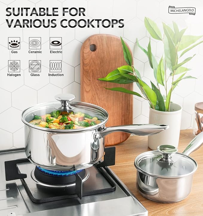 MICHELANGELO 4 Quart Saucepan with Lid, Thick Bottom Stainless Steel Saucepan with Cover, 4 QT Sauce Pot, Induction Ready & Dishwasher Safe