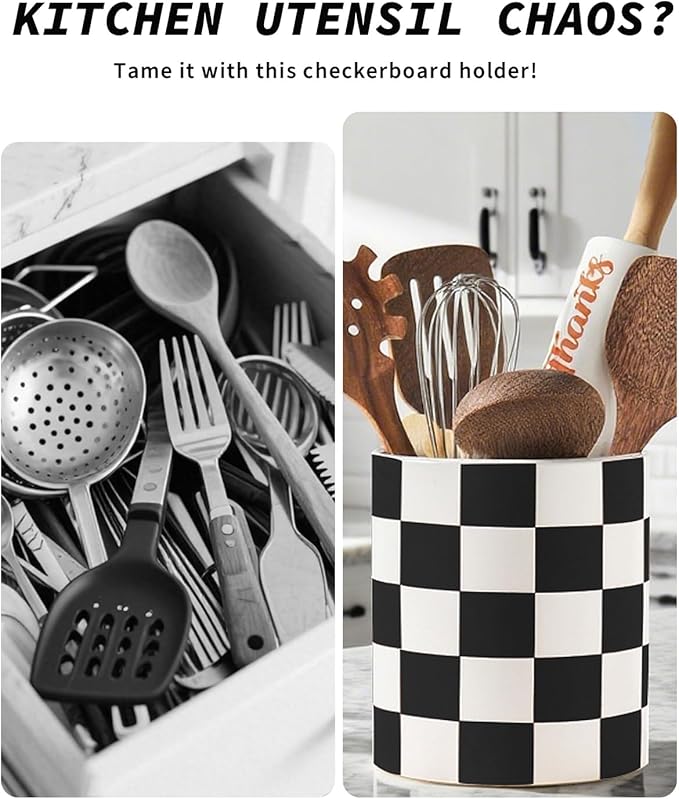 Utensil Holder，7.2 Inch Checkered Utensil Holder, Ceramic Cooking Utensil Spoon/Spatula Holder for Countertop, Kitchen Decor and Accessories for counte(Black)