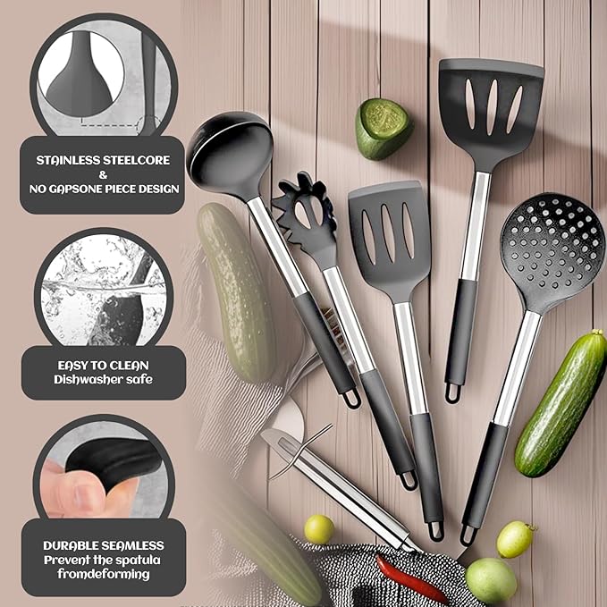 Silicone Cooking Utensils Set Utensil: 40 Pcs Black Stainless Steel Cookware Set, Nonstick Silicone Cooking Utensils Set, (Grey)