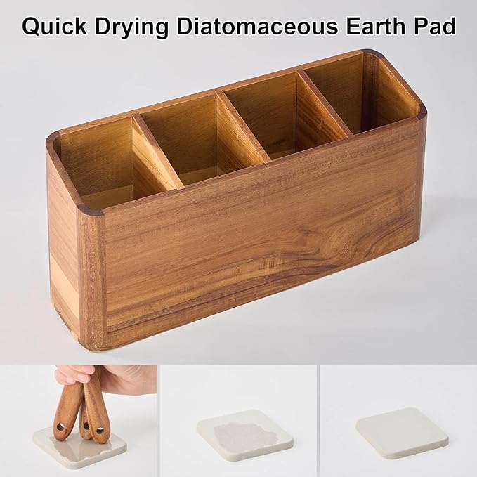 Wooden Utensil Holder for Kitchen Counter, Acacia Wood Kitchen Utensil Holder for Countertop with 4 Compartment, Cooking Utensil Organizer, Silverware Caddy (Acacia Wood, 4Compartment)