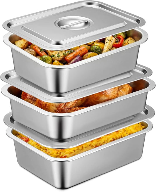 3 Pack 4 Inch Extra Deep Lasagna Baking Pan with Lid, 11"x14.2" 7.4qt & 8.6"x12.5" 4qt &11"x14.2" x 3" 5.3qt Large Stainless Steel Nonstick Lasagna Roasting Pans Set, Baking Dishes for Oven