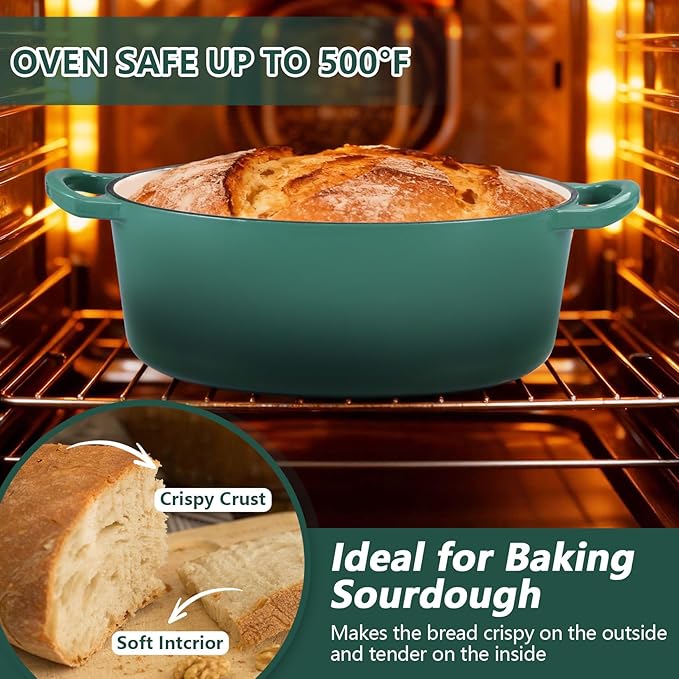 P&P CHEF Oval Dutch Oven with Lid, Enameled Cast Dutch Oven Pot for Bread Baking, Braising, Stewing, Roasting, Non-Stick & Oven Safe, Dual Handles & Easy Clean, 5QT & Dark Green, Valentine's Day