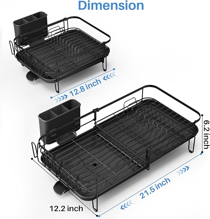 SNTD Large Dish Drying Rack - Expandable Dish Rack for Kitchen Counter, Stainless Steel Dish Drainer Rack with Utensil Holder and Cup Holder, Black