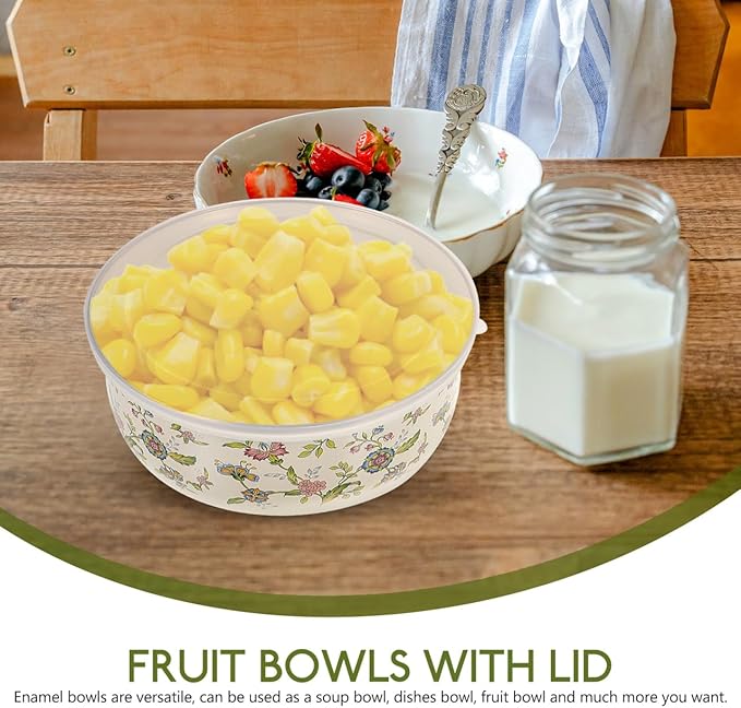 Cabilock 5pcs Enamel Bowls with Lids Mixing Bowls- Vintage Soup Bowl Storage Bowls Set Floral Design for Fruit Salad Pasta Dinner Kitchen