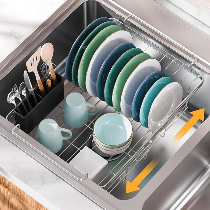 Orgneas Capacity Expandable Dish Drying Rack in Sink, Stainless Steel Rustproof Over Sink Dish Drainer Rack with Utensil Holder for RV Kitchen Counter, Fit for Interior Width 10.5''~17'' Sinks