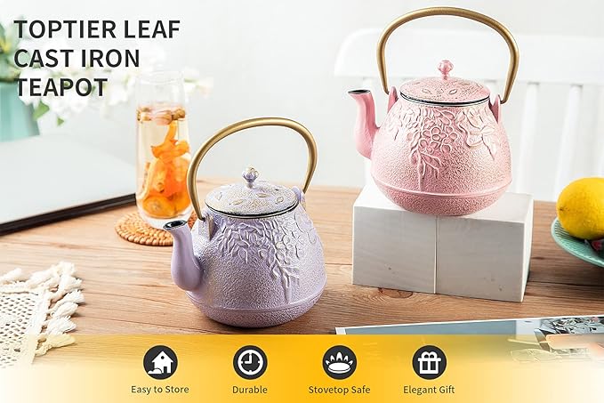 TOPTIER Japanese Cast Iron Teapot with Infuser, Stovetop Safe, Leaf Design Tea Kettle, Enameled Interior, 32 Ounce (950 ml), Blush Pink