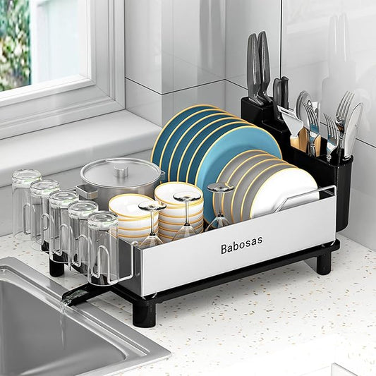 Dish Drying Rack,Large Capcity 304 Stainless Steel Dish Rack for Kitchen Counter,Dish Drainer with Drainboard Set and Utensil Holder & Detachable Cup Shelf,Rustproof Multifunctional Organizer Black
