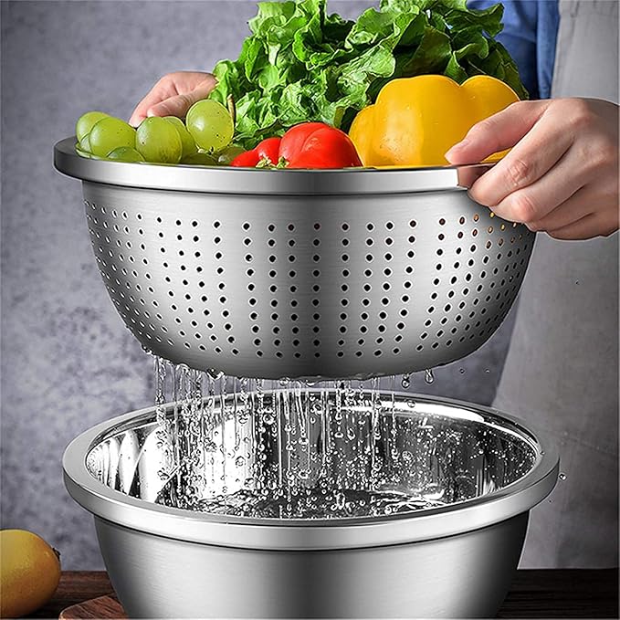 meleg otthon Stainless Steel Mixing Bowls, 5.8QT Salad Bowl, Metal Bowls with Water Filter Basin, Stainless Steel Basin, Heavy Duty Deeper Edge Mirror Finish Dishwasher Safe Bowl (L)