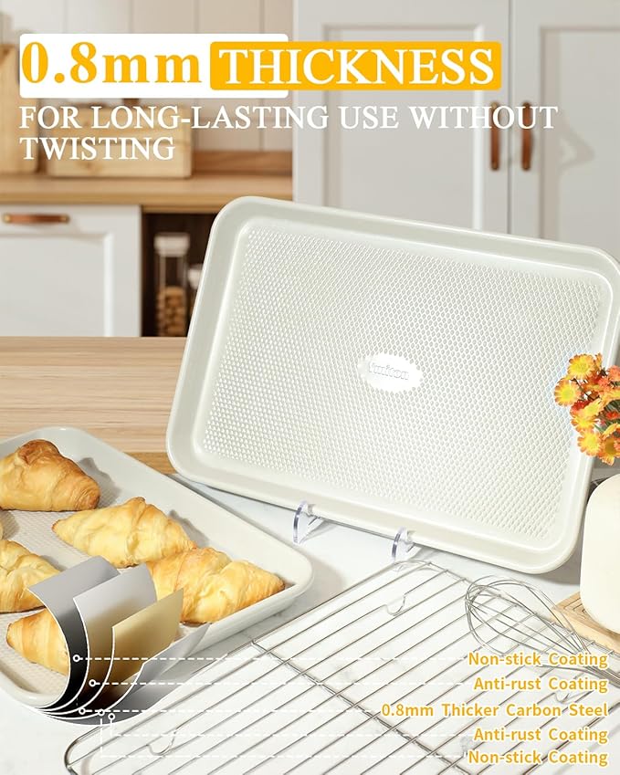 2-Pack 10x15 Jelly Roll Pan Baking Sheet Set with Wire Rack - Nonstick 0.8mm Thick Carbon Steel, Cookie Sheets for Baking, Dishwasher Safe, Warp Resistant, Oven Safe 450°F, Salted Gray