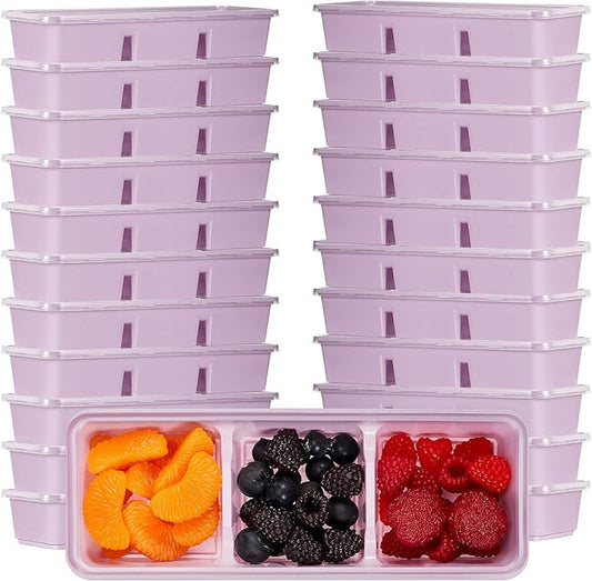 Hushee 25 Pack 17 oz Small Meal Prep Containers with 3 Compartments Snack Containers with Lid Disposable Plastic Bento Box Travel Lunch Food Boxes Stackable for Office Picnic (Purple)
