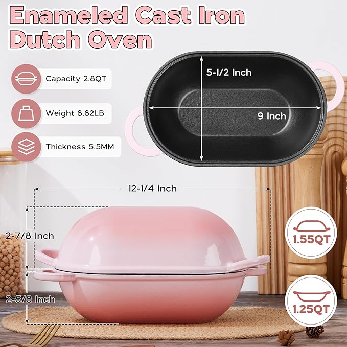Onader Enameled Cast Iron Sourdough Bread Oven, 2.8QT Oval Dutch Oven, Loaf Cast Iron Bread Pan with Lid for Homemade Bread Baking, 9x5-1/2 Inch Meatloaf Pan, Heavy Duty - Pink