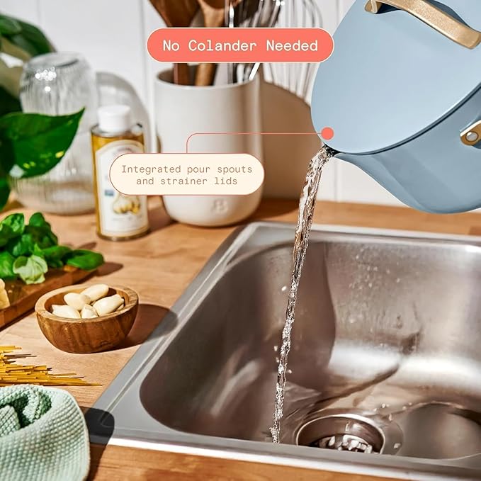 Pans12pc Ceramic Non-Stick Cookware Set by Drew Barrymore, Pots & Pans with Lids, Dishwasher‑Safe,Soft‑Touch Handles, Even‑Heat Base. (Cornflower Blue)