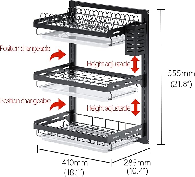 PUSDON Wall Mounted Dish Drying Rack, 3 Tier Stainless Steel Hanging Dish Drainer with Cutlery Holder, Drainboard and Hooks, Fruit Vegetable Kitchen Supplies Plates Bowls Cups Storage Shelf, Black