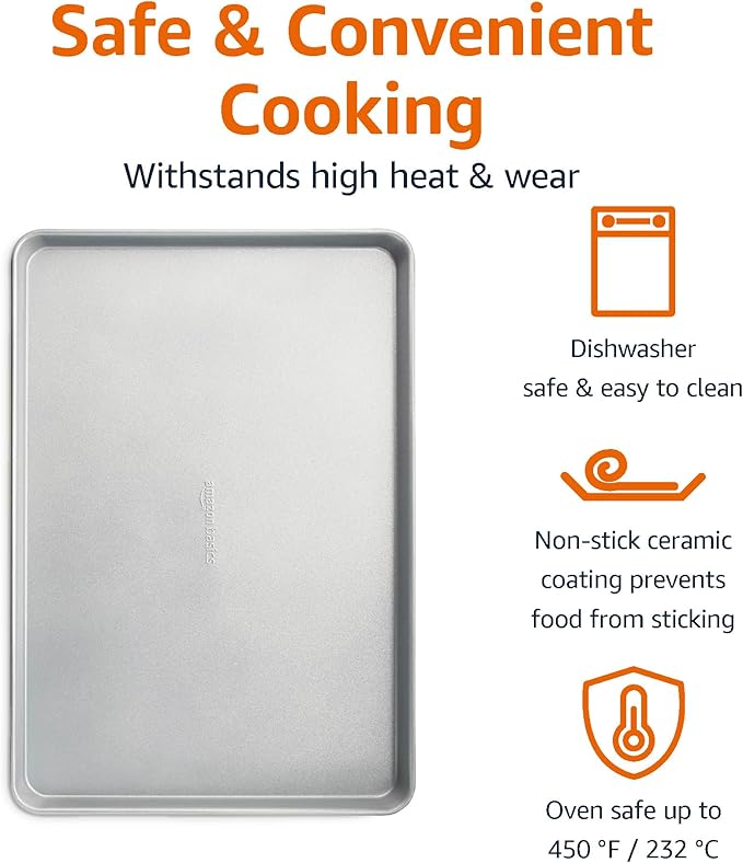 Amazon Basics Ceramic Nonstick Baking Sheet & Cooling Rack Set, PTFE & PFOA Free, Dishwasher Safe, Oven Safe, Half Sheet Size, Gray, 1-Pack