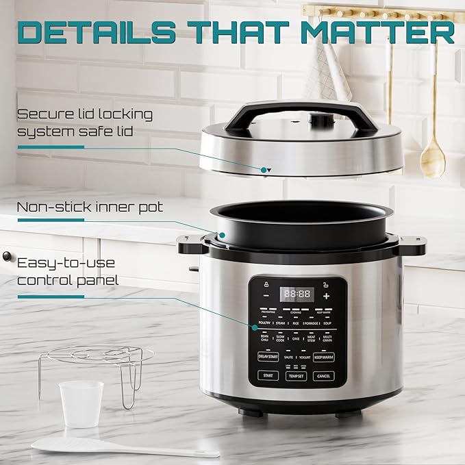 OLIXIS Electric Pressure Cooker 6 Quart Stainless Steel Multi Cooker Electric for Pressure 12-in-1 Rice, Steamer, Yogurt Maker, Slow Cook,Meat Stew, Cake, Porridge, Multigrain