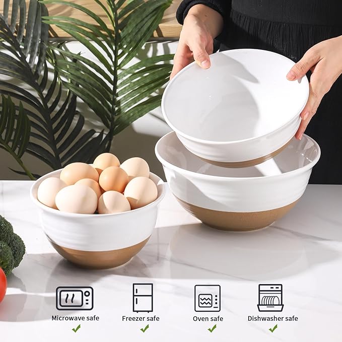 HASENSE Mixing Bowls, Large Ceramic Salad Bowls 2.1/1.5/1.0 Qt, Versatile Serving Bowls for Cooking, Baking, Salad Mixing, Prepping, Nesting White Bowl Set, Dishwasher Safe, Set of 3