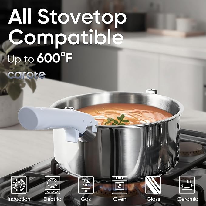 CAROTE 3QT Stainless Steel Sauce Pan with Stand-Up Lid, Tri-ply Stainless Steel Pot with Detachable Stay-Cool Handle, Non-Toxic Kitchen Saucepans, Induction Kitchen Cookware, Oven Safe to 600°F