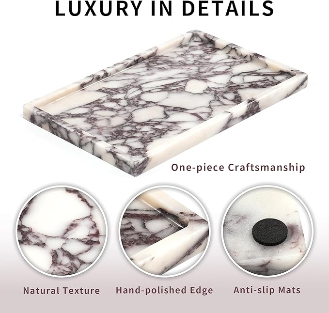 Large Decorative Marble Tray - Square Stone Vanity Perfume Plates for Bathroom Accessories Coffee Table Bar, Luxury Key Dresser Dish for Kitchen Countertop Entryway (11.8" x 7.9" x 0.8")