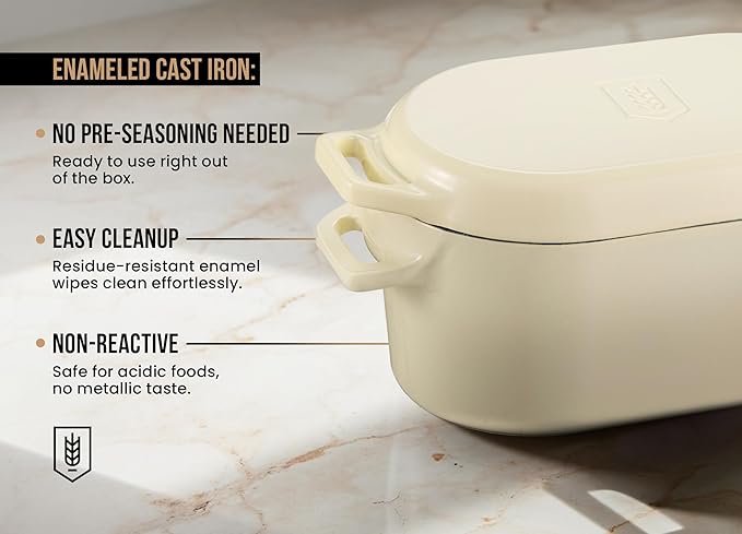 Kook Dutch Oven, For Sourdough Baking, Dual Handles, Enameled Cast Iron, includes Silicone Mat and Sourdough Guide, Dishwasher Safe, 5 Qt, (Ivory)