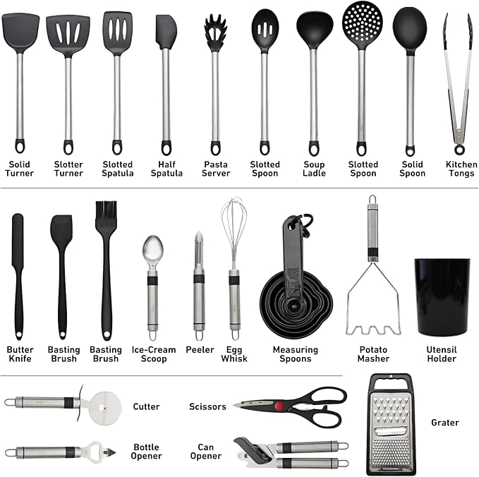 Silicone Kitchen Utensils Set 33 PCS silicone utensils set for cooking with Stainless Handles - Heat Resistant Food Grade Utensil Sets, BPA Free Kitchen Gadgets Tools Set for Nonstick Cookware (Black)