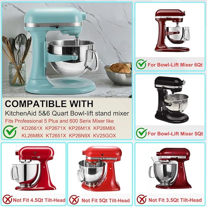 6 QT Stainless Steel Mixer Bowl & Mixer Bowl Lid Cover for KitchenAid Bowl-Lift Mixer, Kitchen Aid Mixing Bowl Replacement for 6 Quart Lift Mixer with Bigger Handle, Dishwasher Safe