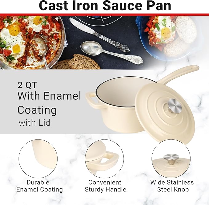 Enameled Cast Iron Sauce Pan, 2 Quarts Round Sauce Pot with Lid, Mini Dutch Oven Enamel Saucepan for Cooking Pasta Sauce, Marinate, Cook, Refrigerate and Serve, Cream White