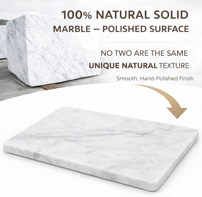 KC KULLICRAFT 8×12 Inches White Marble Cheese & Charcuterie Serving Board – Natural Marble Cutting Board & Pastry Slab with Non‑Slip Feet – Premium Stone Kitchen Tray Gift.
